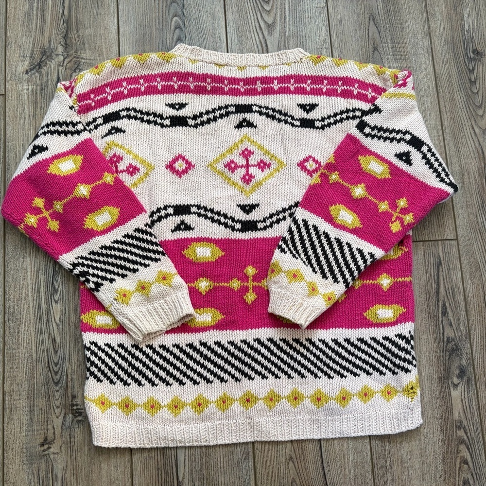 Vintage Forenza Sweater M Pink Geometric Knit 90s Chunky Ramie Cotton - Picture 10 of 13